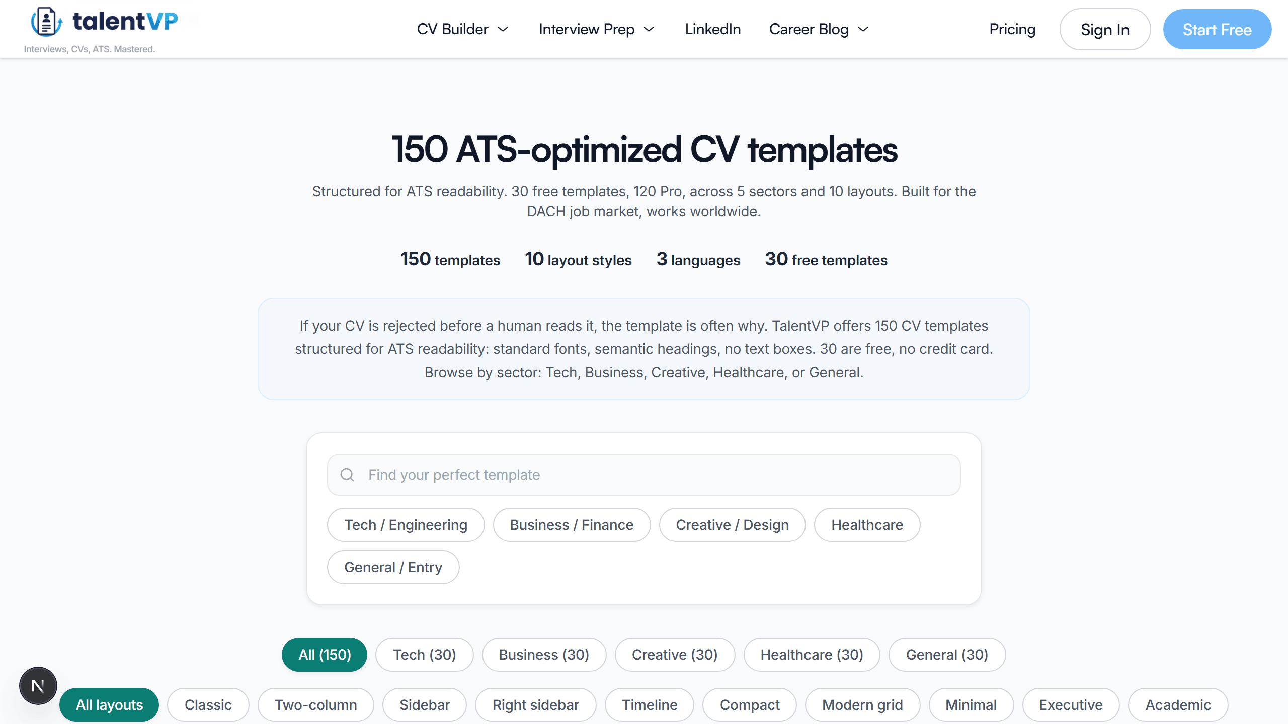 CV template gallery showing 150+ ATS-optimized designs