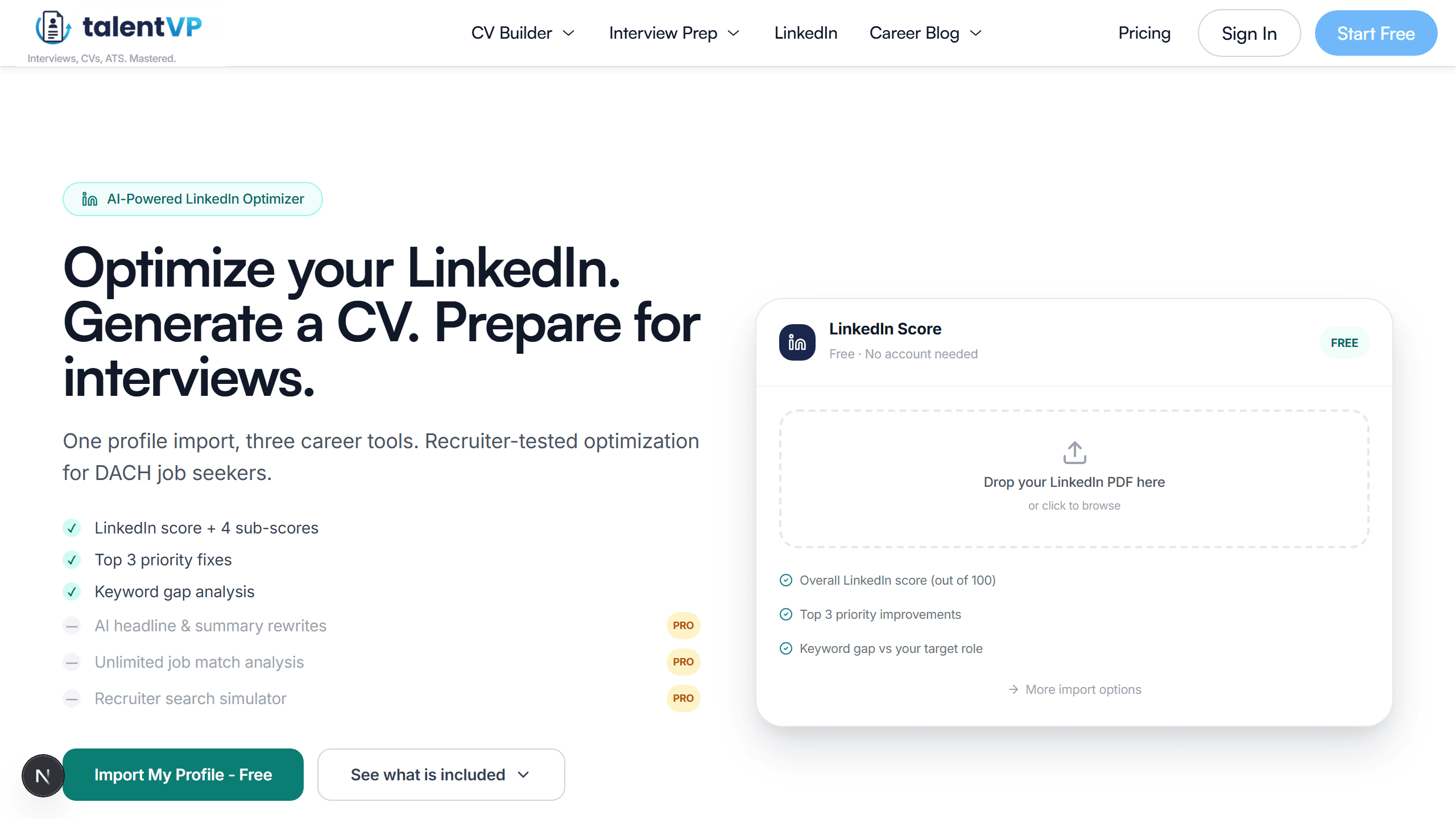 LinkedIn profile optimizer showing 8-section score breakdown