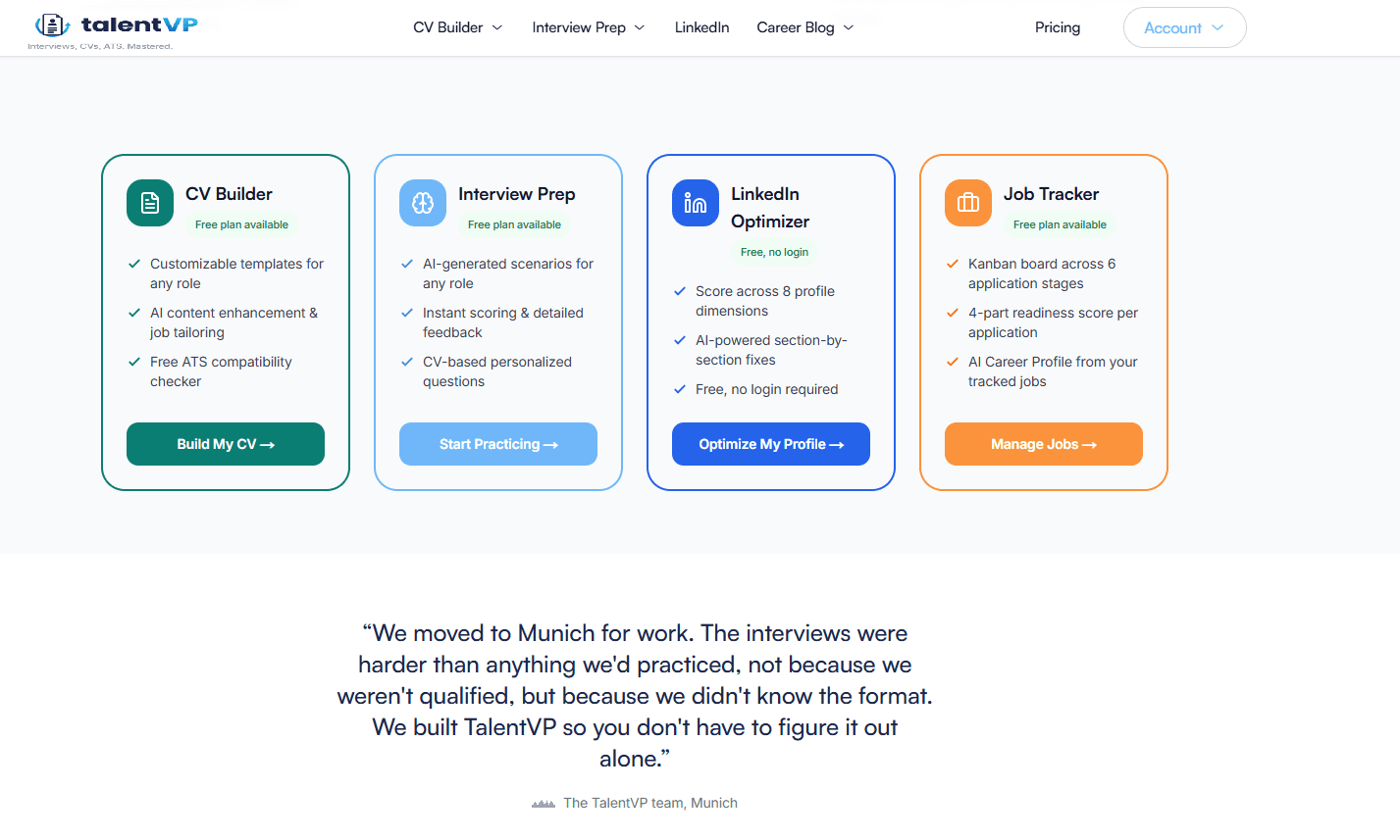 TalentVP dashboard showing career toolkit overview