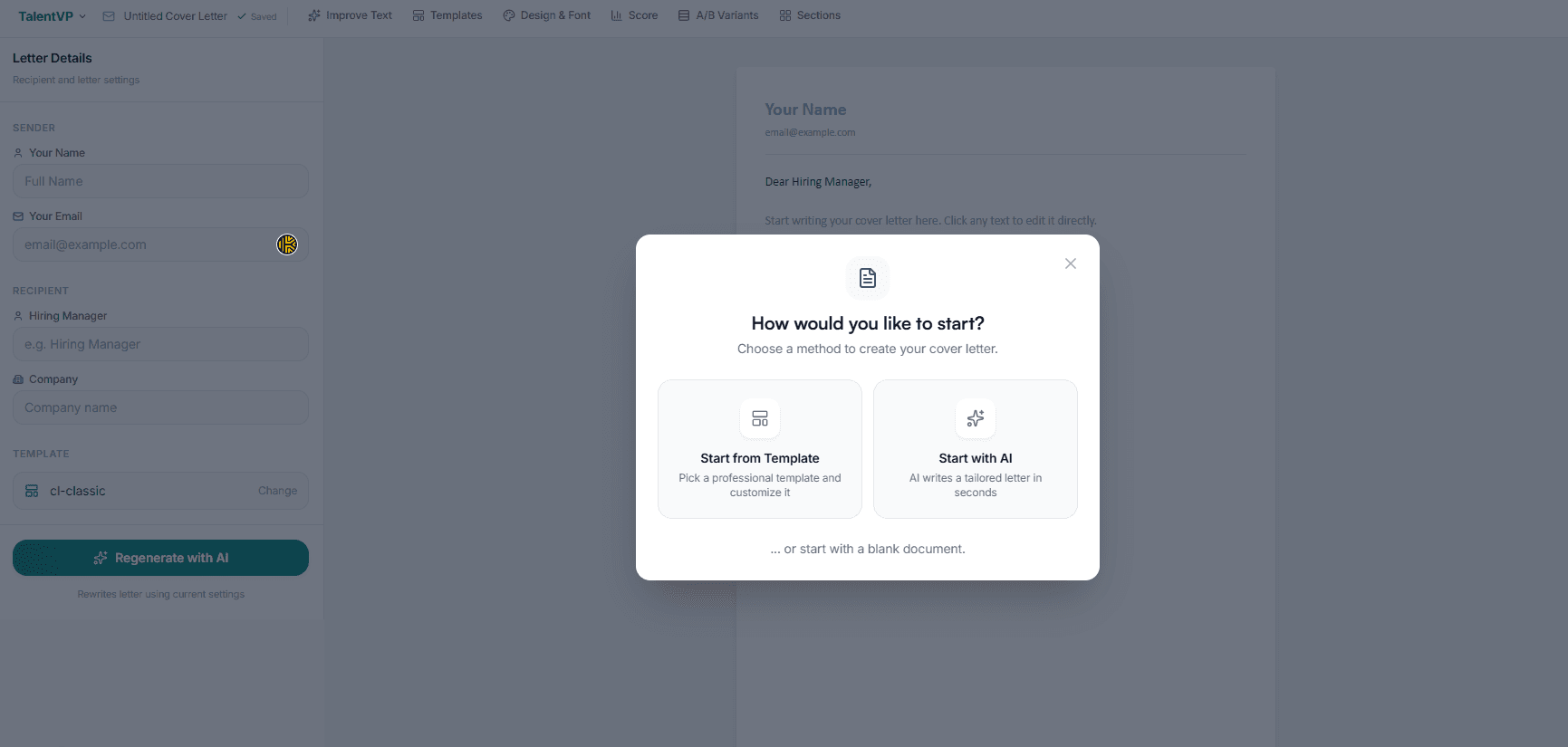 AI cover letter generator with job description input field
